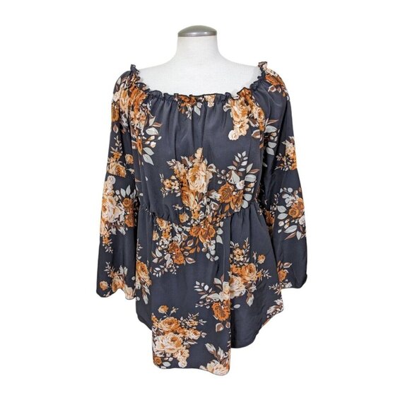 Fairy Goth Top Womens Plus 2XL Black Brown Floral Cottage Y2K Bell Long Sleeve - Picture 1 of 9